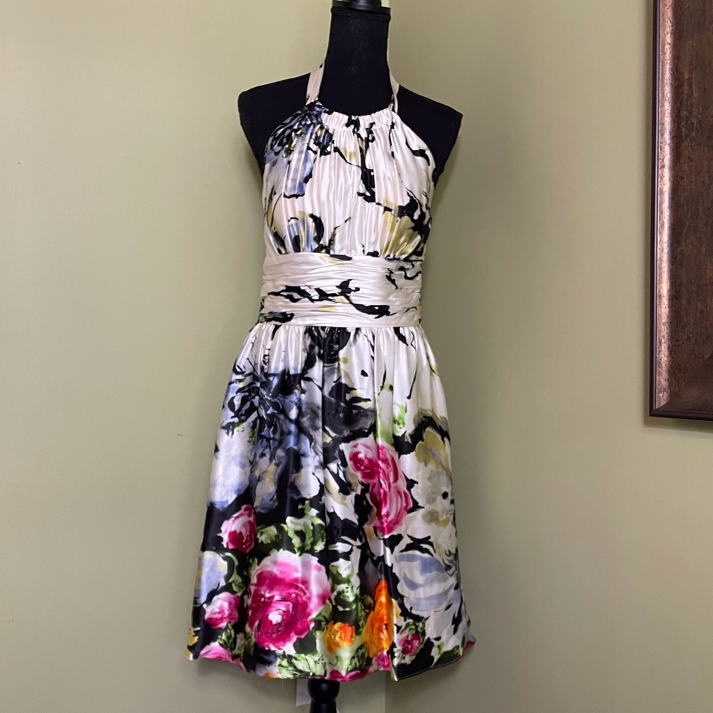 Adrianna Papell White Multicolor Floral Halter Cocktail Dress